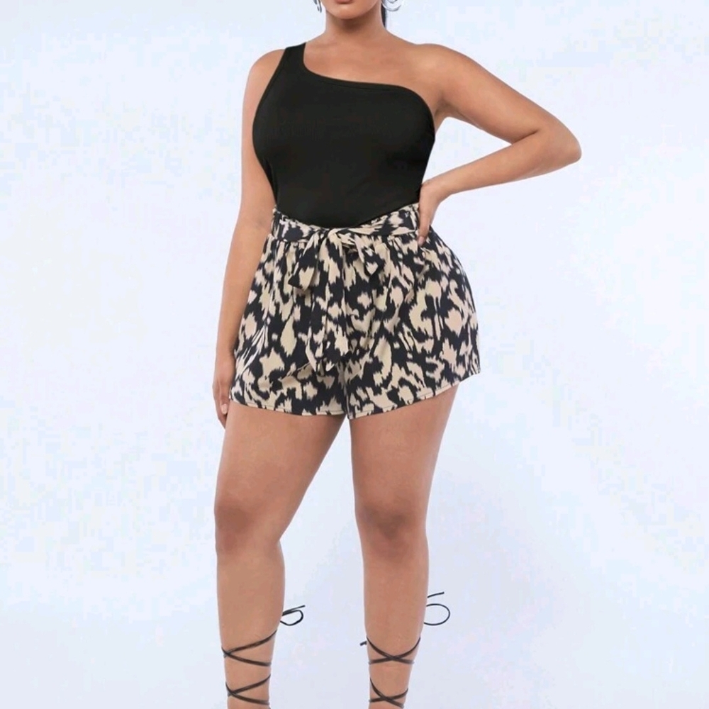 High Waist Black and Tan Shorts with Leopard Print